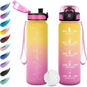 Gourde Enfant 500ml, Gourde Motivation, Étanche et Réutilisable, Bouteille d&rsquo;eau avec Marqueur de Temps et Filtre, Bouteille pour Enfant, Sport, Sport de Plein air, Yoga, Bureau, Gym, l&rsquo;école(17oz-500ml | Jaune + Rose)