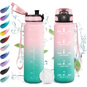 Gourde Enfant 500ml, Gourde Motivation, Étanche et Réutilisable, Bouteille d&rsquo;eau avec Marqueur de Temps et Filtre, Bouteille pour Enfant, Sport, Sport de Plein air, Yoga, Bureau, Gym, l&rsquo;école(17oz-500ml | Rose + Cyan)