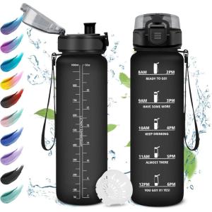 Gourde Enfant 500ml, Gourde Motivation, Étanche et Réutilisable, Bouteille d&rsquo;eau avec Marqueur de Temps et Filtre, Bouteille pour Enfant, Sport, Sport de Plein air, Yoga, Bureau, Gym, l&rsquo;école(32oz-1000ml | Mat Noir)