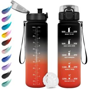 Gourde Enfant 500ml, Gourde Motivation, Étanche et Réutilisable, Bouteille d&rsquo;eau avec Marqueur de Temps et Filtre, Bouteille pour Enfant, Sport, Sport de Plein air, Yoga, Bureau, Gym, l&rsquo;école(32oz-1000ml | Noir + Rouge)
