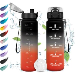 Gourde Enfant 500ml, Gourde Motivation, Étanche et Réutilisable, Bouteille d&rsquo;eau avec Marqueur de Temps et Filtre, Bouteille pour Enfant, Sport, Sport de Plein air, Yoga, Bureau, Gym, l&rsquo;école(17oz-500ml | Noir + Rouge)