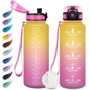 Gourde Enfant 500ml, Gourde Motivation, Étanche et Réutilisable, Bouteille d&rsquo;eau avec Marqueur de Temps et Filtre, Bouteille pour Enfant, Sport, Sport de Plein air, Yoga, Bureau, Gym, l&rsquo;école(50oz-1500ml | Jaune + Rose)