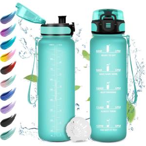 Gourde Enfant 500ml, Gourde Motivation, Étanche et Réutilisable, Bouteille d&rsquo;eau avec Marqueur de Temps et Filtre, Bouteille pour Enfant, Sport, Sport de Plein air, Yoga, Bureau, Gym, l&rsquo;école(32oz-1000ml | Mat Bleu-vert)
