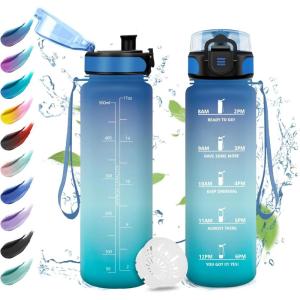 Gourde Enfant 500ml, Gourde Motivation, Étanche et Réutilisable, Bouteille d&rsquo;eau avec Marqueur de Temps et Filtre, Bouteille pour Enfant, Sport, Sport de Plein air, Yoga, Bureau, Gym, l&rsquo;école(17oz-500ml | Bleu + Vert)