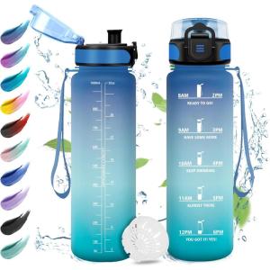 Gourde Enfant 500ml, Gourde Motivation, Étanche et Réutilisable, Bouteille d&rsquo;eau avec Marqueur de Temps et Filtre, Bouteille pour Enfant, Sport, Sport de Plein air, Yoga, Bureau, Gym, l&rsquo;école(32oz-1000ml | Bleu + Vert)