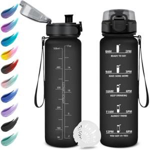 Gourde Enfant 500ml, Gourde Motivation, Étanche et Réutilisable, Bouteille d&rsquo;eau avec Marqueur de Temps et Filtre, Bouteille pour Enfant, Sport, Sport de Plein air, Yoga, Bureau, Gym, l&rsquo;école(17oz-500ml | Mat Noir)