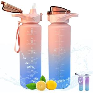 Gourde Sport 1L avec Paille, Gourde Motivation avec Marqueur de Temps, Étanche Réutilisable, Bouteille d&rsquo;eau 1L pour Adulte et Enfant,Water Bottle sans BPA pour Cyclisme,Fitness,Bureau (Rose Bleu)(Rose Bleu)