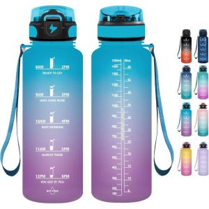Grsta Gourde 1.5l, Gourde Motivation Avec Paille, sans BPA, Gourde Sport, Bouteille d&rsquo;eau avec Marqueur de Temps pour le Camping, la randonnée – Noir Rouge(Bleu Violet)