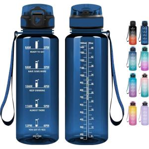 Grsta Gourde 1.5l, Gourde Motivation Avec Paille, sans BPA, Gourde Sport, Bouteille d&rsquo;eau avec Marqueur de Temps pour le Camping, la randonnée – Noir Rouge(Bleu Marine)
