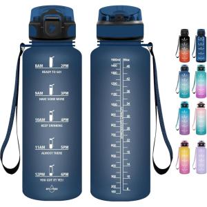 Grsta Gourde 1.5l, Gourde Motivation Avec Paille, sans BPA, Gourde Sport, Bouteille d&rsquo;eau avec Marqueur de Temps pour le Camping, la randonnée – Noir Rouge(Bleu Marine-m)