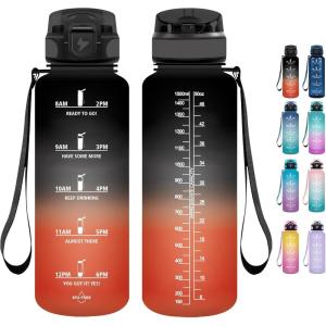 Grsta Gourde 1.5l, Gourde Motivation Avec Paille, sans BPA, Gourde Sport, Bouteille d&rsquo;eau avec Marqueur de Temps pour le Camping, la randonnée – Noir Rouge(Noir Rouge)