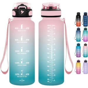 Grsta Gourde 1.5l, Gourde Motivation Avec Paille, sans BPA, Gourde Sport, Bouteille d&rsquo;eau avec Marqueur de Temps pour le Camping, la randonnée – Noir Rouge(Rose-cyan)