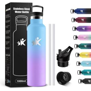 KollyKolla Gourde Isotherme 750ml, Bouteille Isotherme en Acier Inoxydable, Bouteille d&rsquo;eau sans BPA, Gourde Inox avec Paille, Gourde Reutilisable pour l&rsquo;École, Bureau, Extérieur, Camping, Yoga(Kk丨bleu + Tout Violet Foncé)