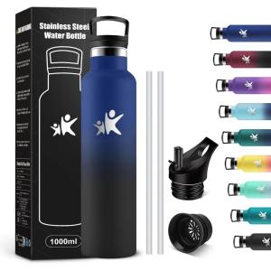 KollyKolla Gourde Isotherme 750ml, Bouteille Isotherme en Acier Inoxydable, Bouteille d&rsquo;eau sans BPA, Gourde Inox avec Paille, Gourde Reutilisable pour l&rsquo;École, Bureau, Extérieur, Camping, Yoga(Kk丨bleu Foncé + Noir)