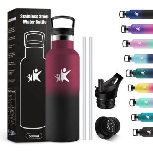 KollyKolla Gourde Isotherme 750ml, Bouteille Isotherme en Acier Inoxydable, Bouteille d&rsquo;eau sans BPA, Gourde Inox avec Paille, Gourde Reutilisable pour l&rsquo;École, Bureau, Extérieur, Camping, Yoga(Kk丨rouge Foncé + Noir)