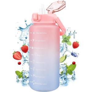 MXTIMWAN Bouteille 2000ml, Gourde Motivationnelle, Sans BPA, Bouteille d&rsquo;Eau avec Paille et Marqueur de Temps de Motivation pour Sport, Fitness, Plein Air, Randonnée(Rose et Bleu)