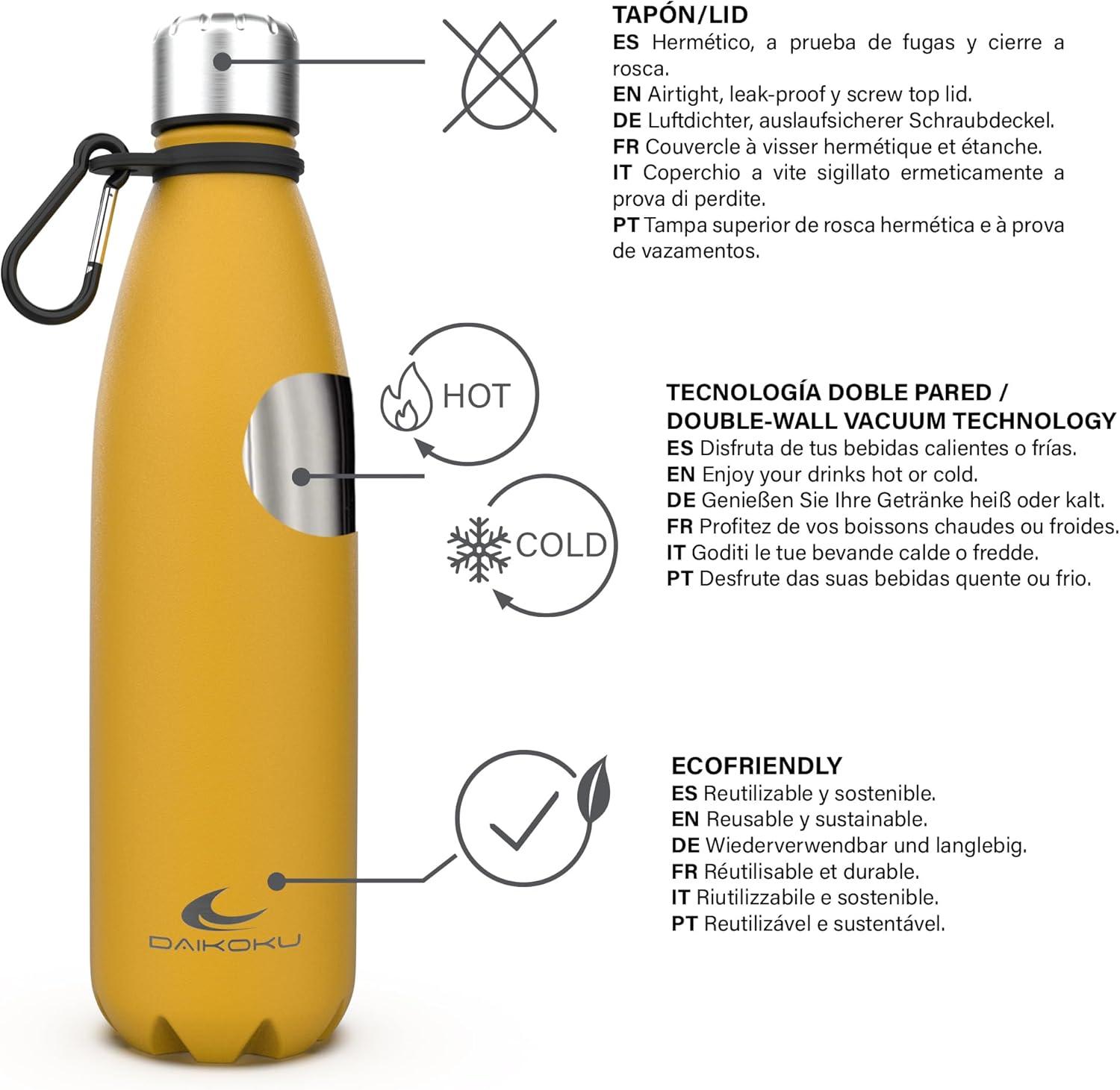 imageDaikoku Gourde Isotherme 500ml Bouteille Isotherme en Acier Inoxydable sans BPA 24h Froid ampamp 12h Chaud Double Paroi Pour le Bureau Sport Voyages Lcole GriseJaune