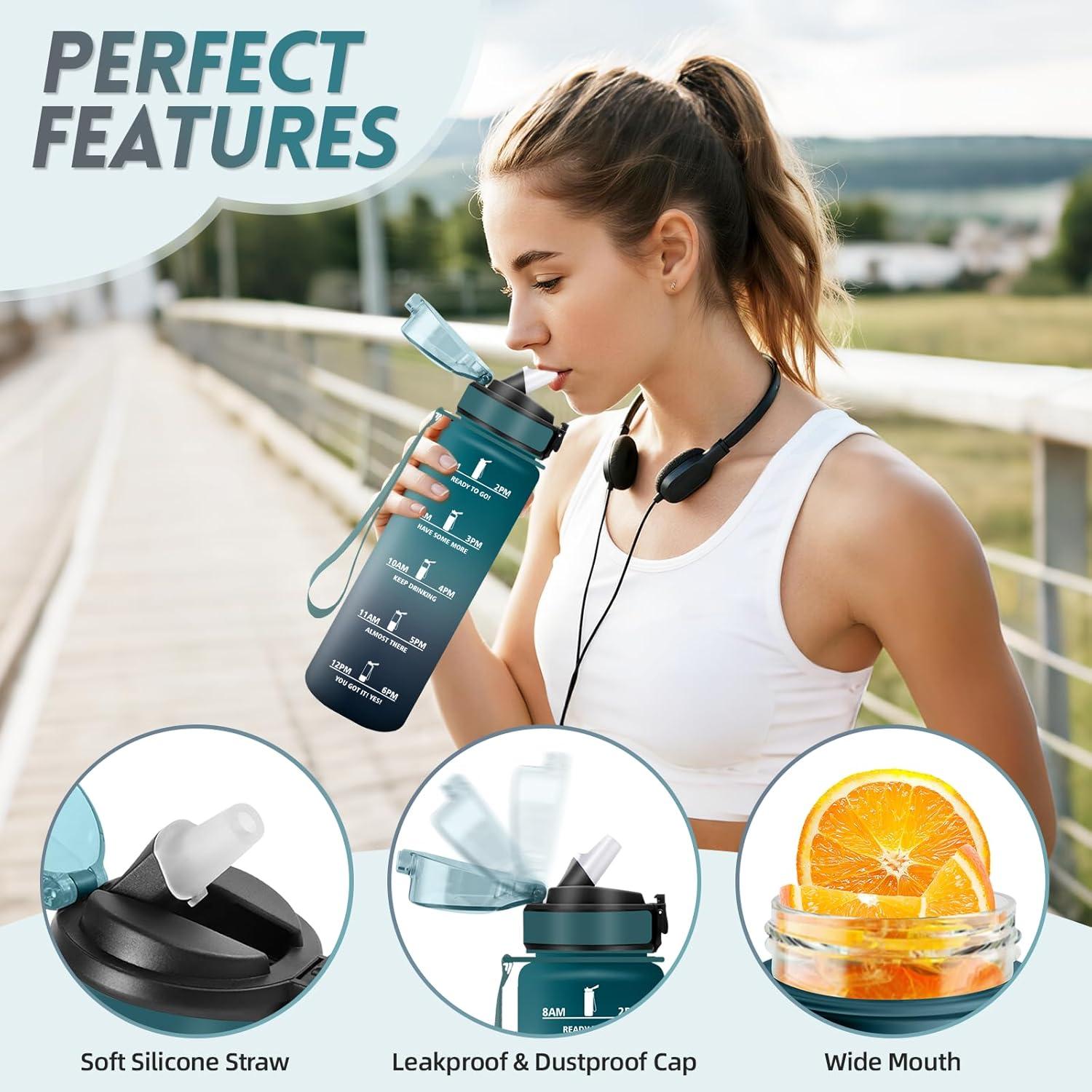 imageGourde 1500ML Avec de la Paille Gourdes Sport Sans BPA Gourde Paille Bouteille deau de Motivation avec Marqueur de Temps Bouteille Paille Adulte pour Salle de Sport Camping Vert foncampampGrisVert Foncgris1000ml