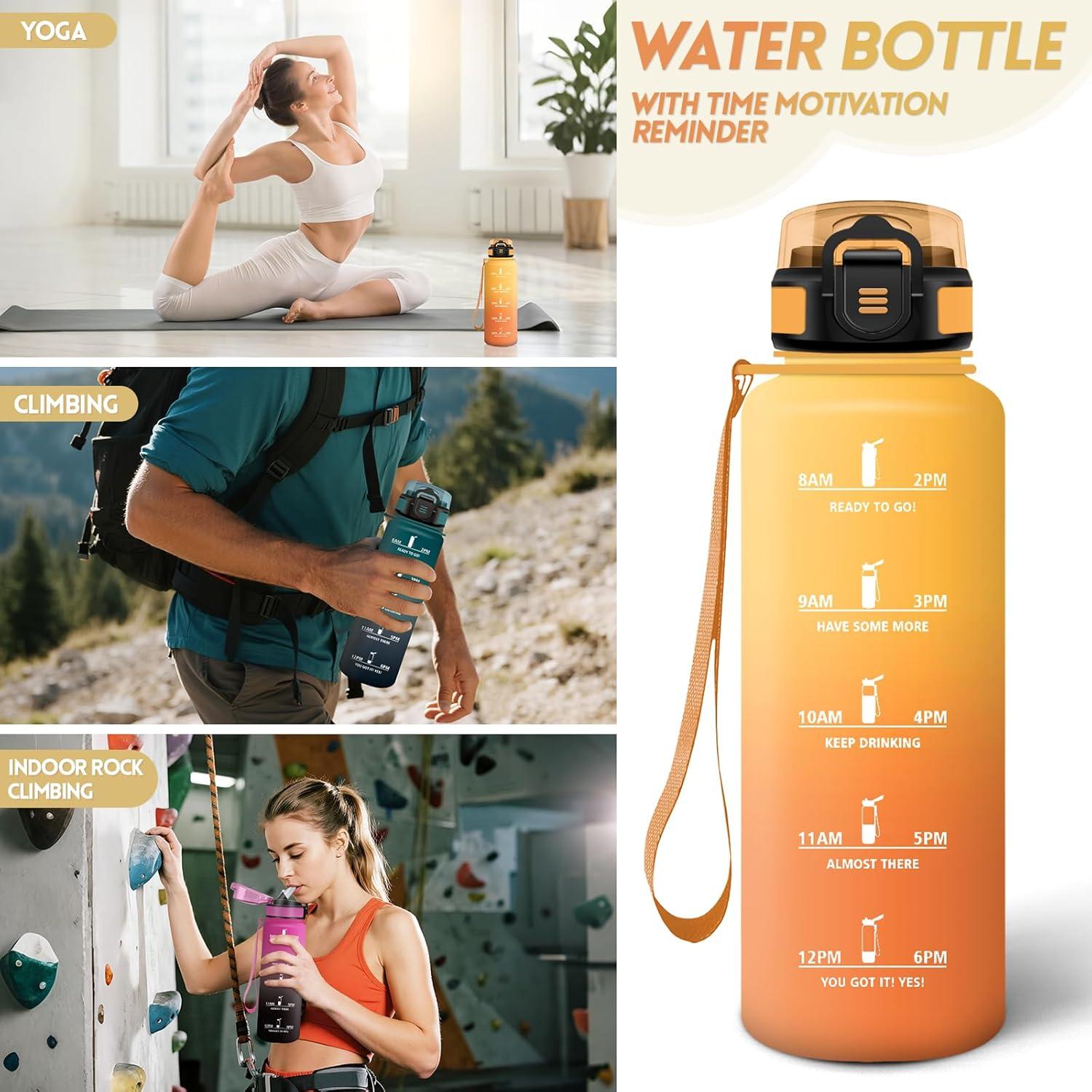 imageGourde 1500ML Avec de la Paille Gourdes Sport Sans BPA Gourde Paille Bouteille deau de Motivation avec Marqueur de Temps Bouteille Paille Adulte pour Salle de Sport Camping Vert foncampampGrisJauneorange1500ml