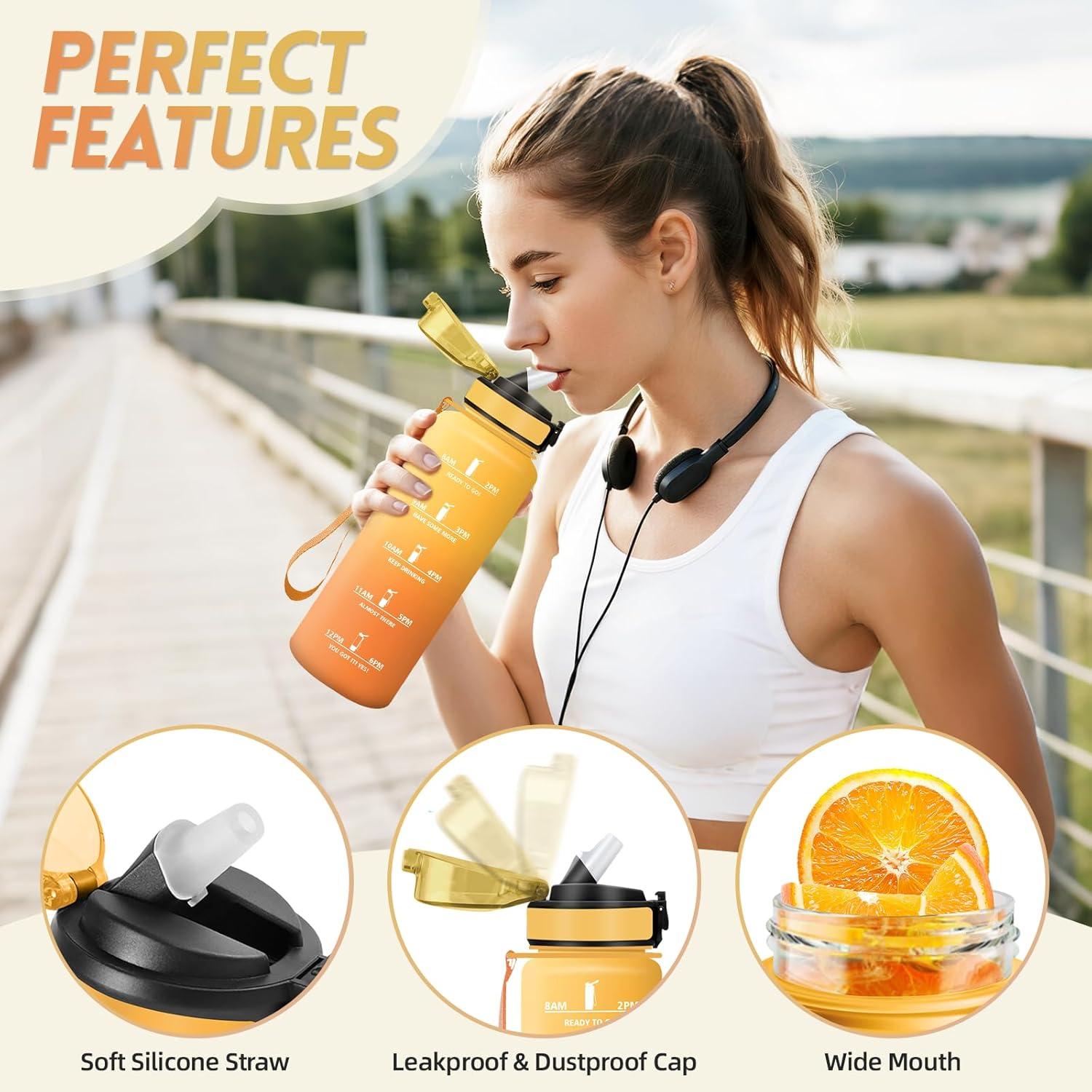 imageGourde 1500ML Avec de la Paille Gourdes Sport Sans BPA Gourde Paille Bouteille deau de Motivation avec Marqueur de Temps Bouteille Paille Adulte pour Salle de Sport Camping Vert foncampampGrisJauneorange1500ml
