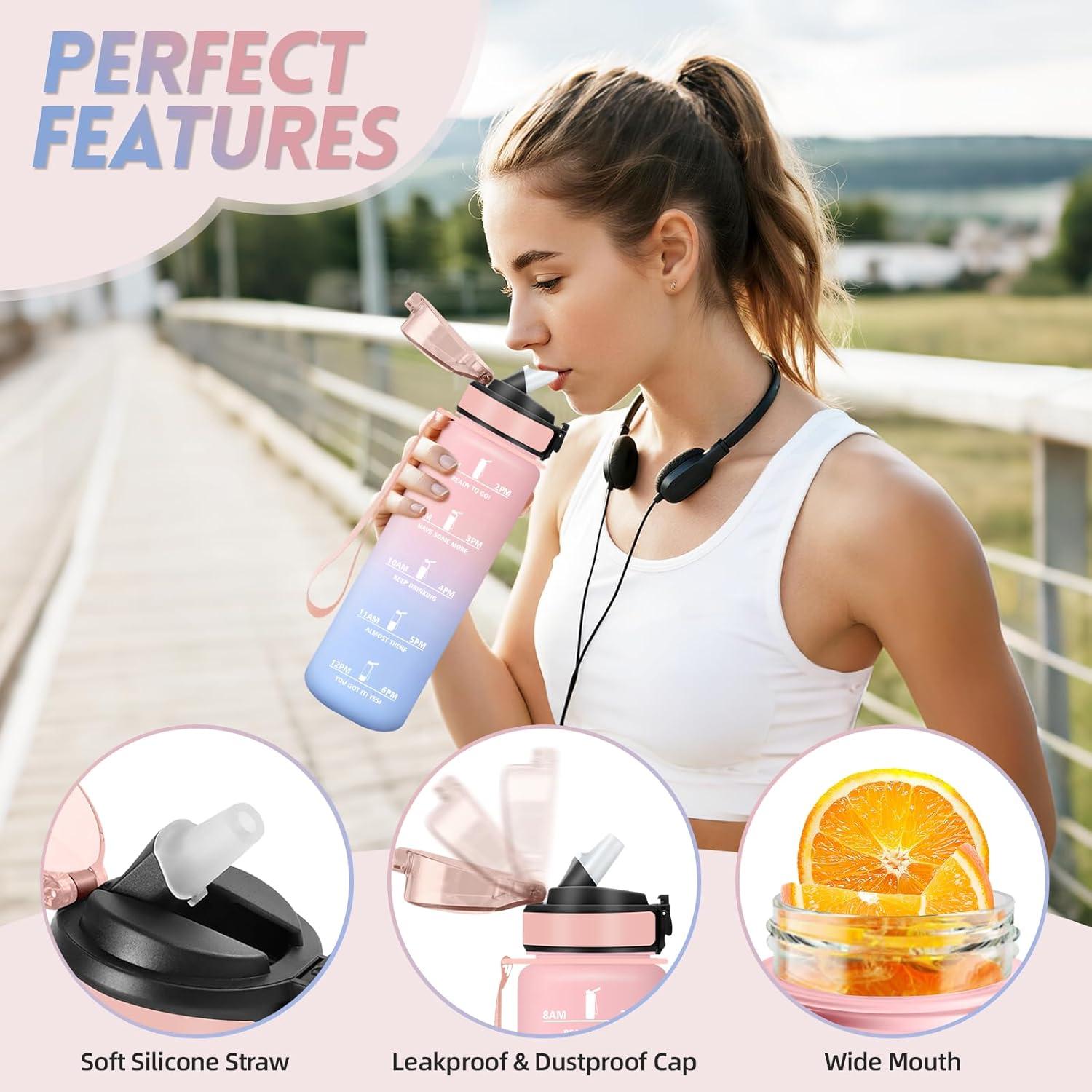 imageGourde 1500ML Avec de la Paille Gourdes Sport Sans BPA Gourde Paille Bouteille deau de Motivation avec Marqueur de Temps Bouteille Paille Adulte pour Salle de Sport Camping Vert foncampampGrisRosebleu Ciel1000ml