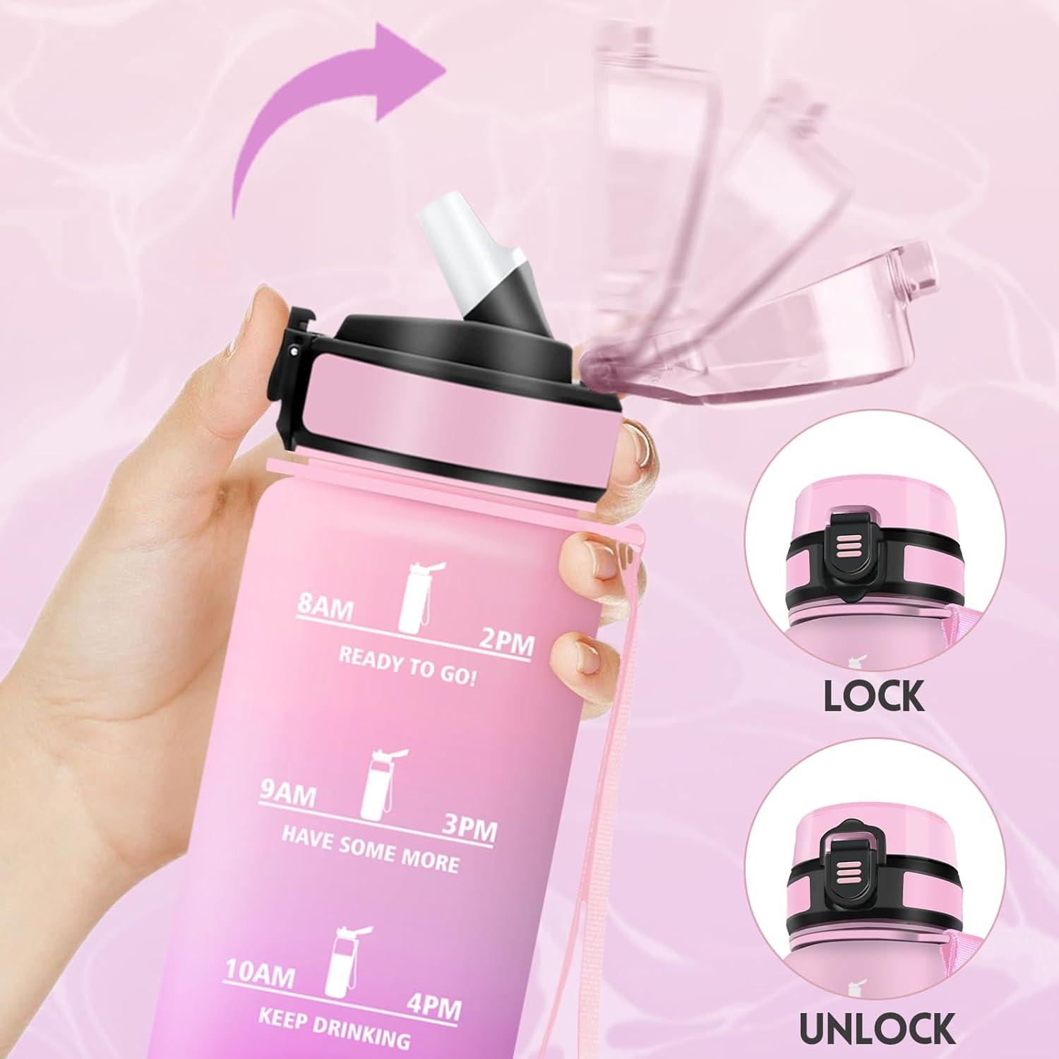 imageGourde 1500ML Avec de la Paille Gourdes Sport Sans BPA Gourde Paille Bouteille deau de Motivation avec Marqueur de Temps Bouteille Paille Adulte pour Salle de Sport Camping Vert foncampampGrisRose Clairros1000ml