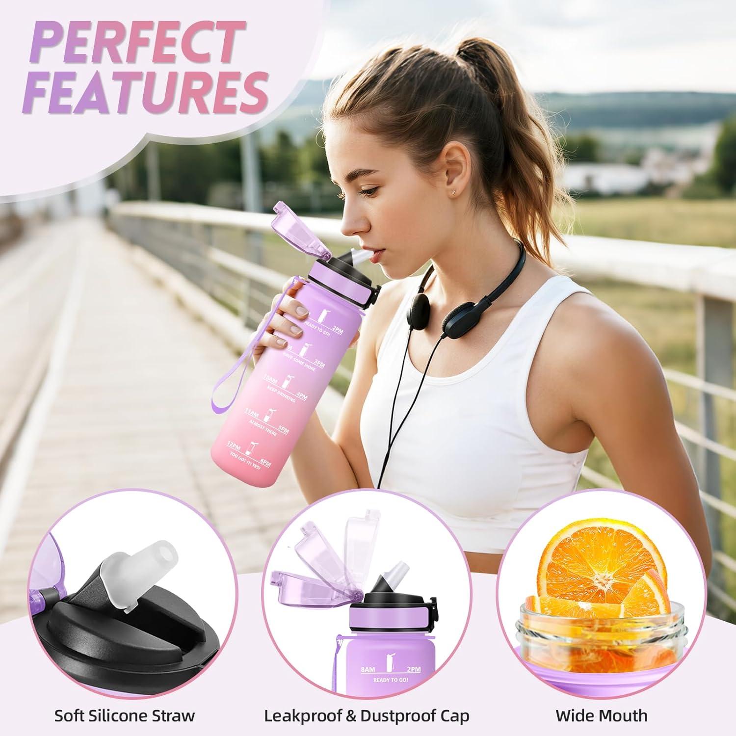 imageGourde 1500ML Avec de la Paille Gourdes Sport Sans BPA Gourde Paille Bouteille deau de Motivation avec Marqueur de Temps Bouteille Paille Adulte pour Salle de Sport Camping Vert foncampampGrisViolet Clairrose Clair1000ml