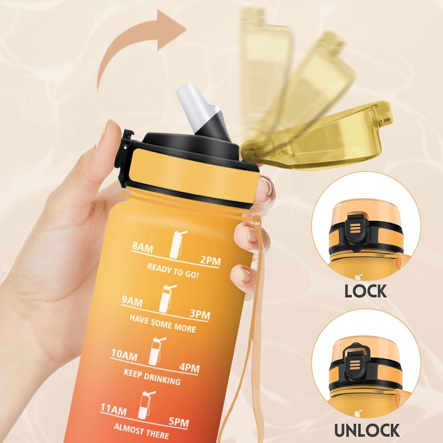 imageGourde 1500ML Avec de la Paille Gourdes Sport Sans BPA Gourde Paille Bouteille deau de Motivation avec Marqueur de Temps Bouteille Paille Adulte pour Salle de Sport Camping Vert foncampampGrisJauneorange500ml