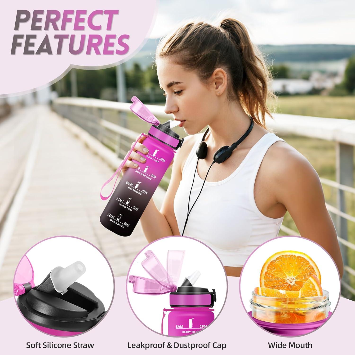 imageGourde 1500ML Avec de la Paille Gourdes Sport Sans BPA Gourde Paille Bouteille deau de Motivation avec Marqueur de Temps Bouteille Paille Adulte pour Salle de Sport Camping Vert foncampampGrisPourpre Rougetrenoir1000ml