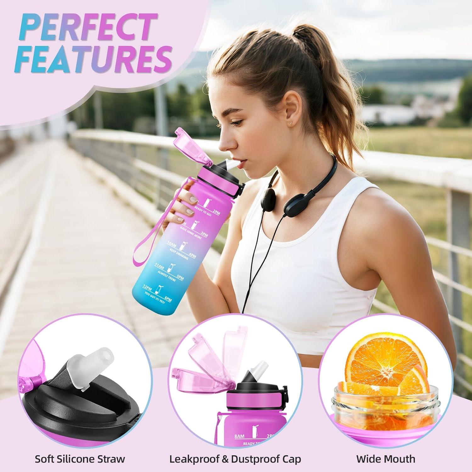 imageGourde 1500ML Avec de la Paille Gourdes Sport Sans BPA Gourde Paille Bouteille deau de Motivation avec Marqueur de Temps Bouteille Paille Adulte pour Salle de Sport Camping Vert foncampampGrisRosecyan1000ml