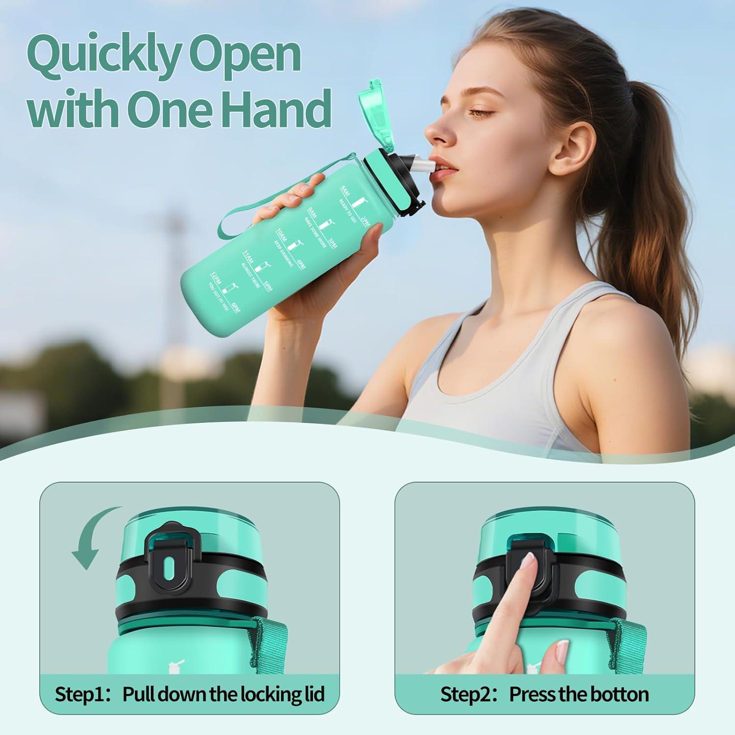 imageGourde 1500ML Avec de la Paille Gourdes Sport Sans BPA Gourde Paille Bouteille deau de Motivation avec Marqueur de Temps Bouteille Paille Adulte pour Salle de Sport Camping Vert foncampampGrisBluegreenzz