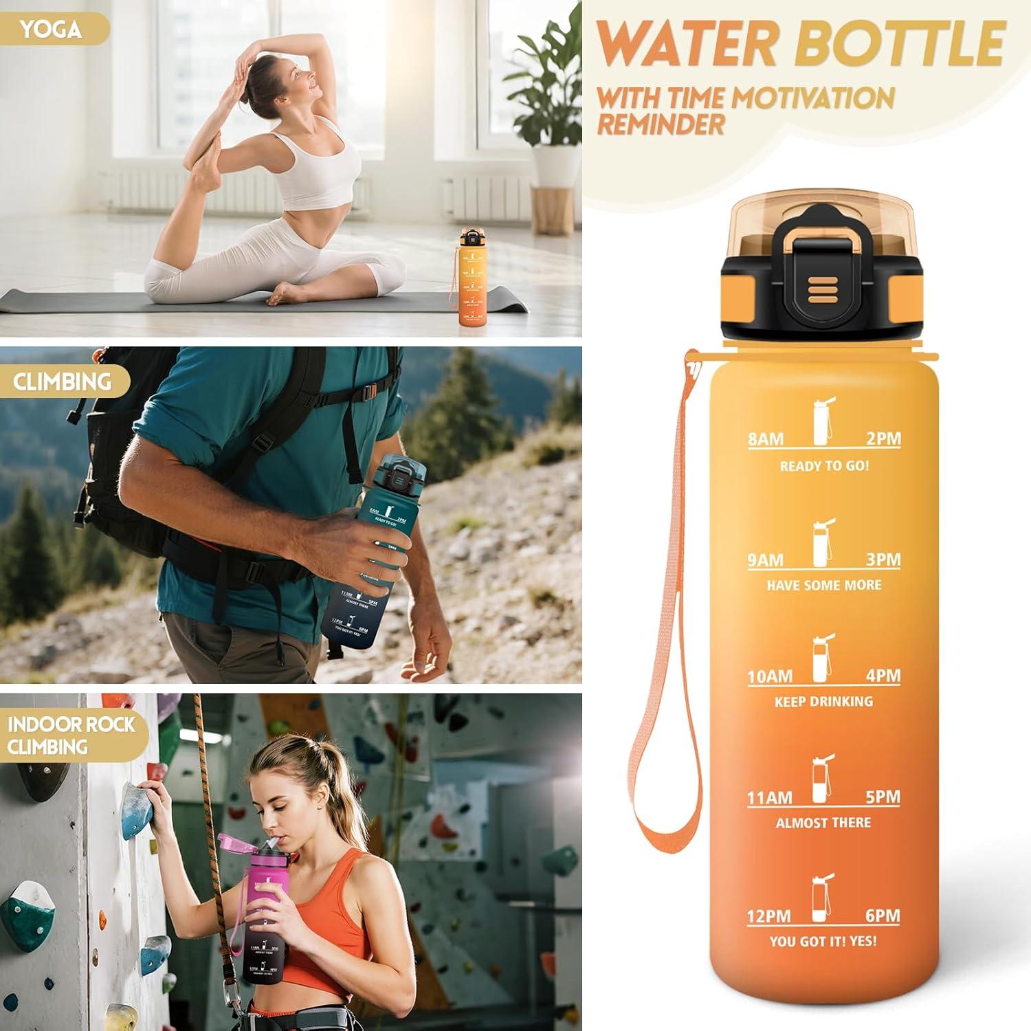 imageGourde 1500ML Avec de la Paille Gourdes Sport Sans BPA Gourde Paille Bouteille deau de Motivation avec Marqueur de Temps Bouteille Paille Adulte pour Salle de Sport Camping Vert foncampampGrisJauneorange1000ml