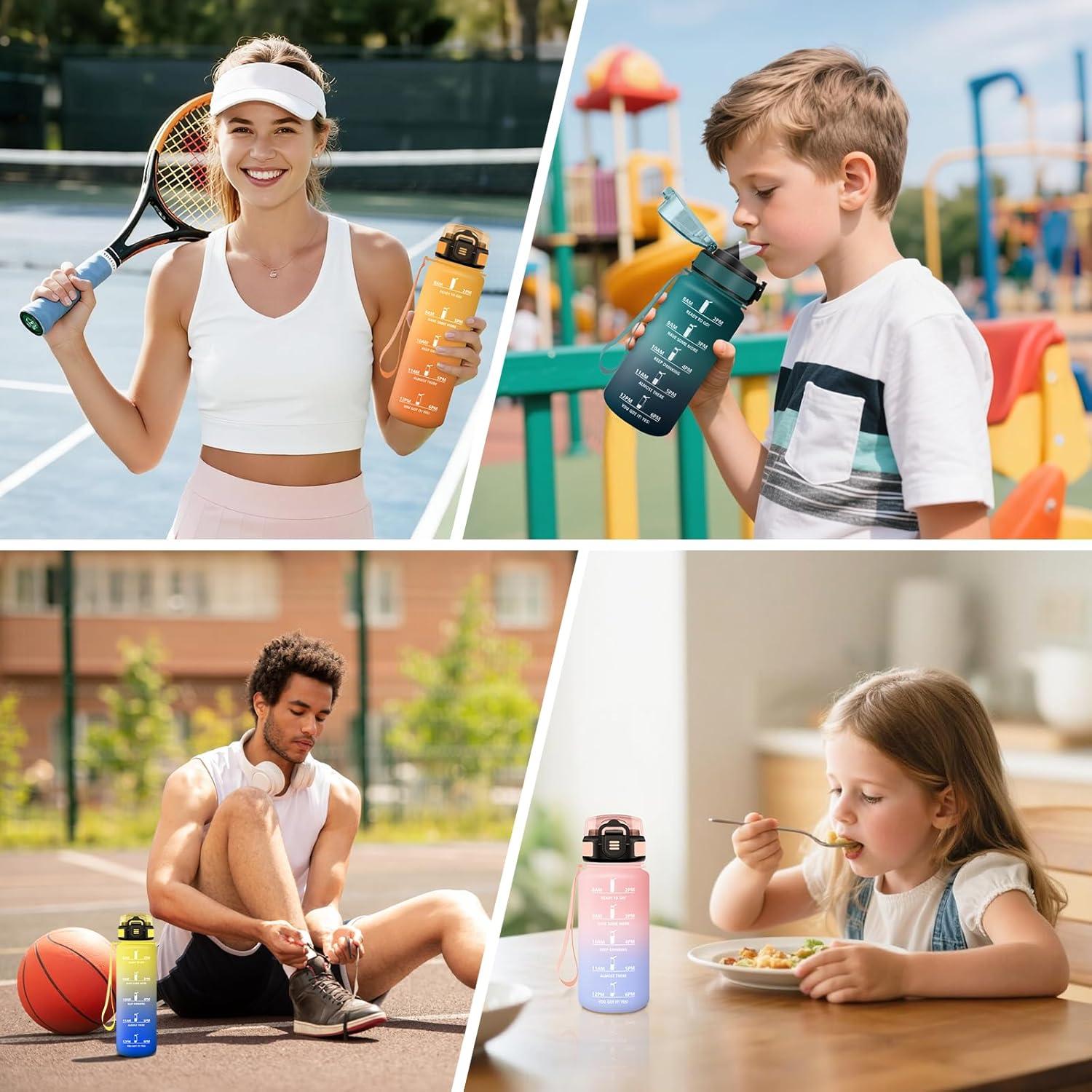 imageGourde 1500ML Avec de la Paille Gourdes Sport Sans BPA Gourde Paille Bouteille deau de Motivation avec Marqueur de Temps Bouteille Paille Adulte pour Salle de Sport Camping Vert foncampampGrisRosebleu Ciel500ml