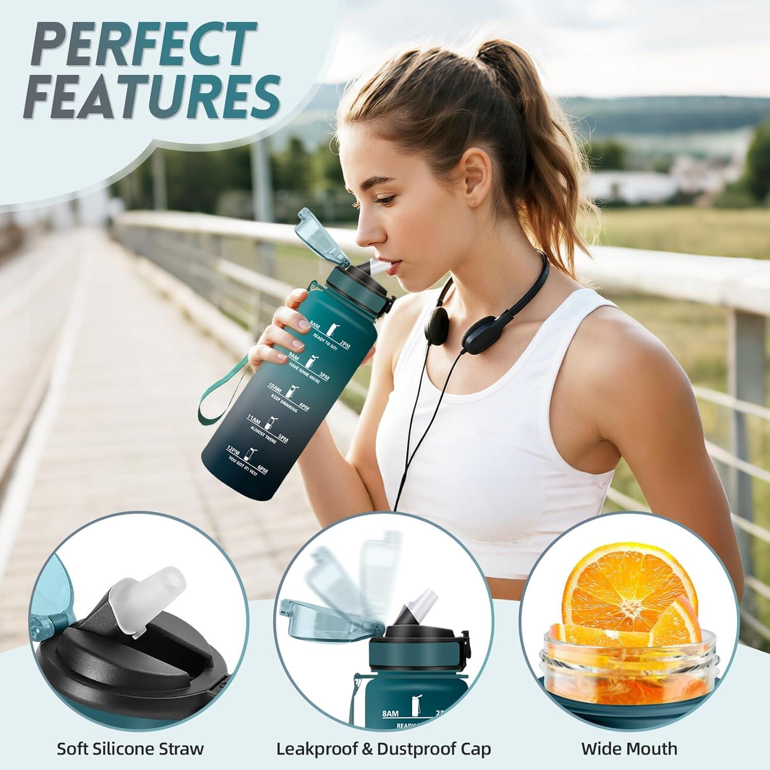 imageGourde 1500ML Avec de la Paille Gourdes Sport Sans BPA Gourde Paille Bouteille deau de Motivation avec Marqueur de Temps Bouteille Paille Adulte pour Salle de Sport Camping Vert foncampampGrisVert Foncgris1500ml
