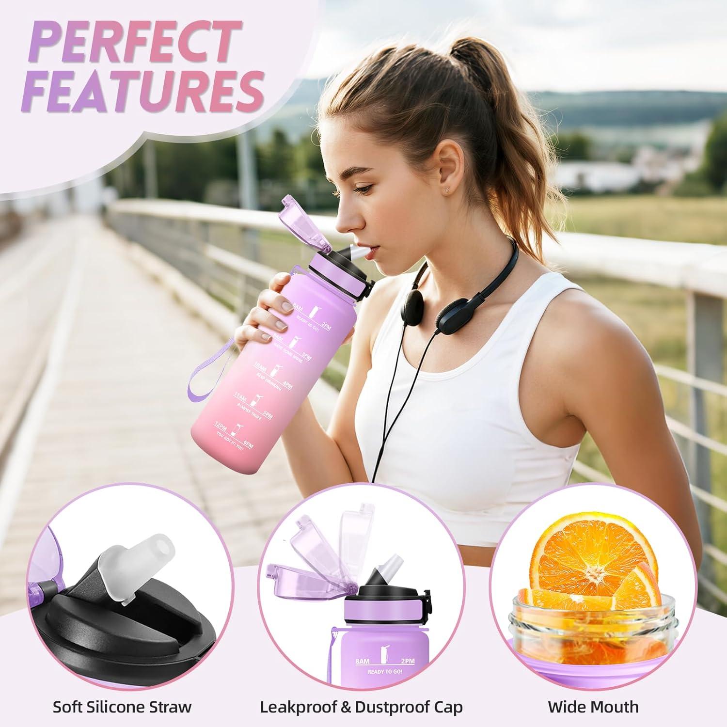 imageGourde 1500ML Avec de la Paille Gourdes Sport Sans BPA Gourde Paille Bouteille deau de Motivation avec Marqueur de Temps Bouteille Paille Adulte pour Salle de Sport Camping Vert foncampampGrisViolet Clairrose Clair1500ml