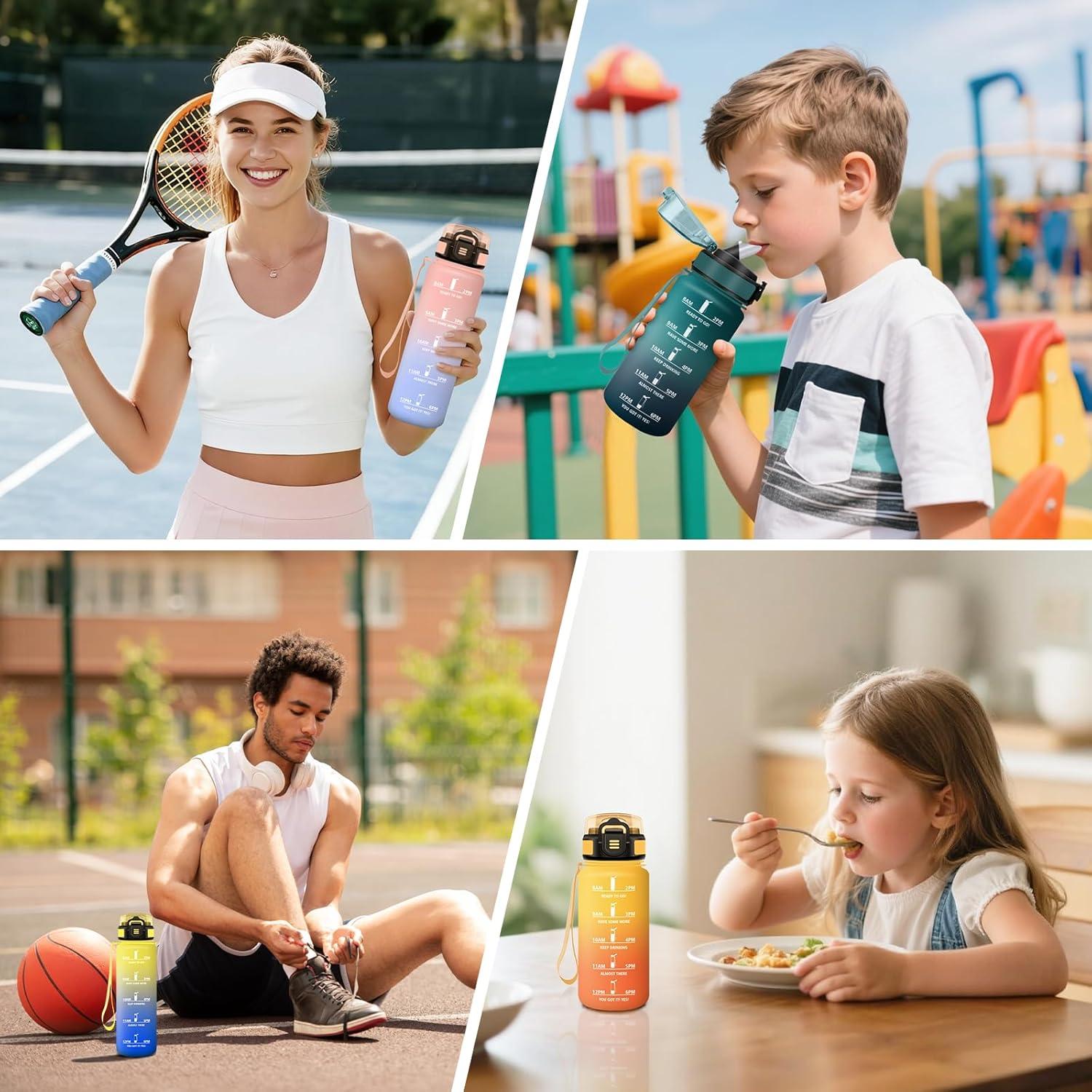 imageGourde 1500ML Avec de la Paille Gourdes Sport Sans BPA Gourde Paille Bouteille deau de Motivation avec Marqueur de Temps Bouteille Paille Adulte pour Salle de Sport Camping Vert foncampampGrisRosebleu Ciel1000ml