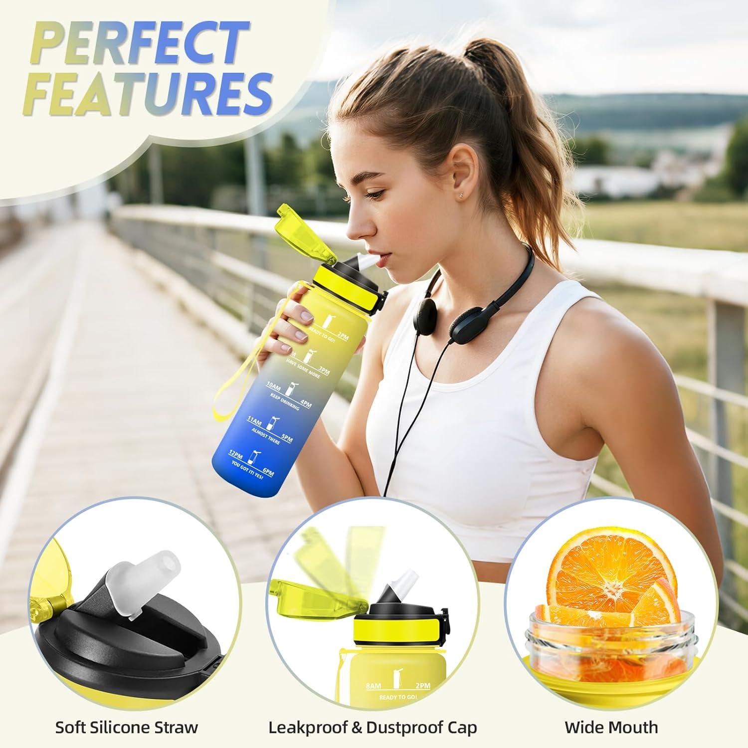 imageGourde 1500ML Avec de la Paille Gourdes Sport Sans BPA Gourde Paille Bouteille deau de Motivation avec Marqueur de Temps Bouteille Paille Adulte pour Salle de Sport Camping Vert foncampampGrisJaunebleu Roi1000ml