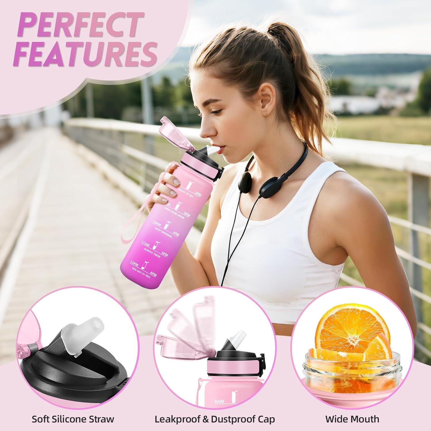 imageGourde 1500ML Avec de la Paille Gourdes Sport Sans BPA Gourde Paille Bouteille deau de Motivation avec Marqueur de Temps Bouteille Paille Adulte pour Salle de Sport Camping Vert foncampampGrisRose Clairros1000ml