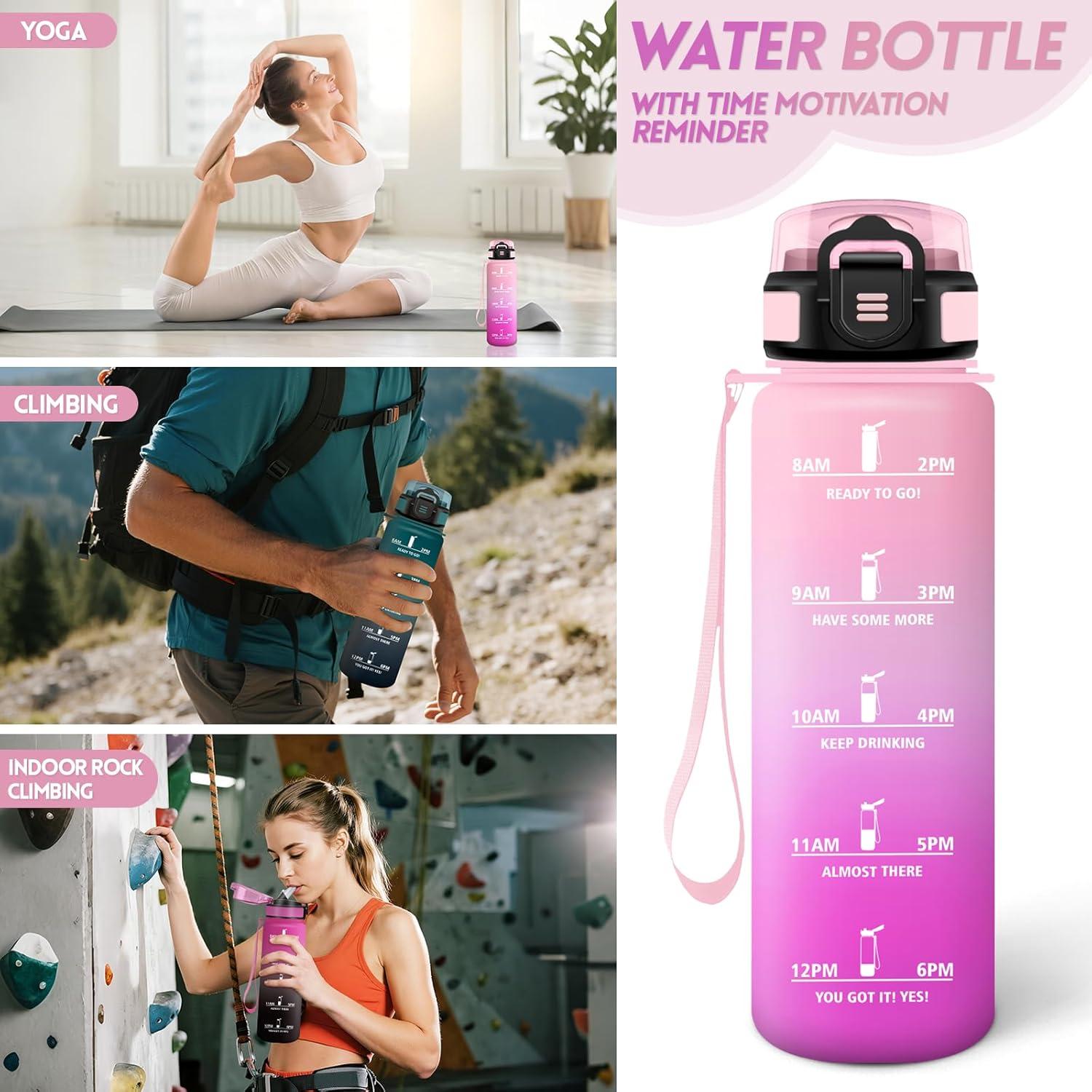 imageGourde 1500ML Avec de la Paille Gourdes Sport Sans BPA Gourde Paille Bouteille deau de Motivation avec Marqueur de Temps Bouteille Paille Adulte pour Salle de Sport Camping Vert foncampampGrisRose Clairros1000ml