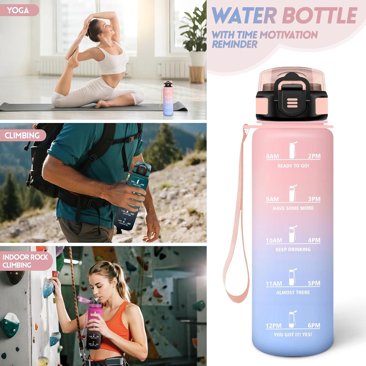 imageGourde 1500ML Avec de la Paille Gourdes Sport Sans BPA Gourde Paille Bouteille deau de Motivation avec Marqueur de Temps Bouteille Paille Adulte pour Salle de Sport Camping Vert foncampampGrisRosebleu Ciel1000ml