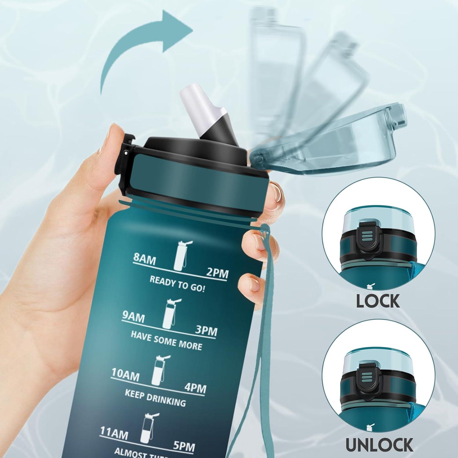 imageGourde 1500ML Avec de la Paille Gourdes Sport Sans BPA Gourde Paille Bouteille deau de Motivation avec Marqueur de Temps Bouteille Paille Adulte pour Salle de Sport Camping Vert foncampampGrisVert Foncgris500ml