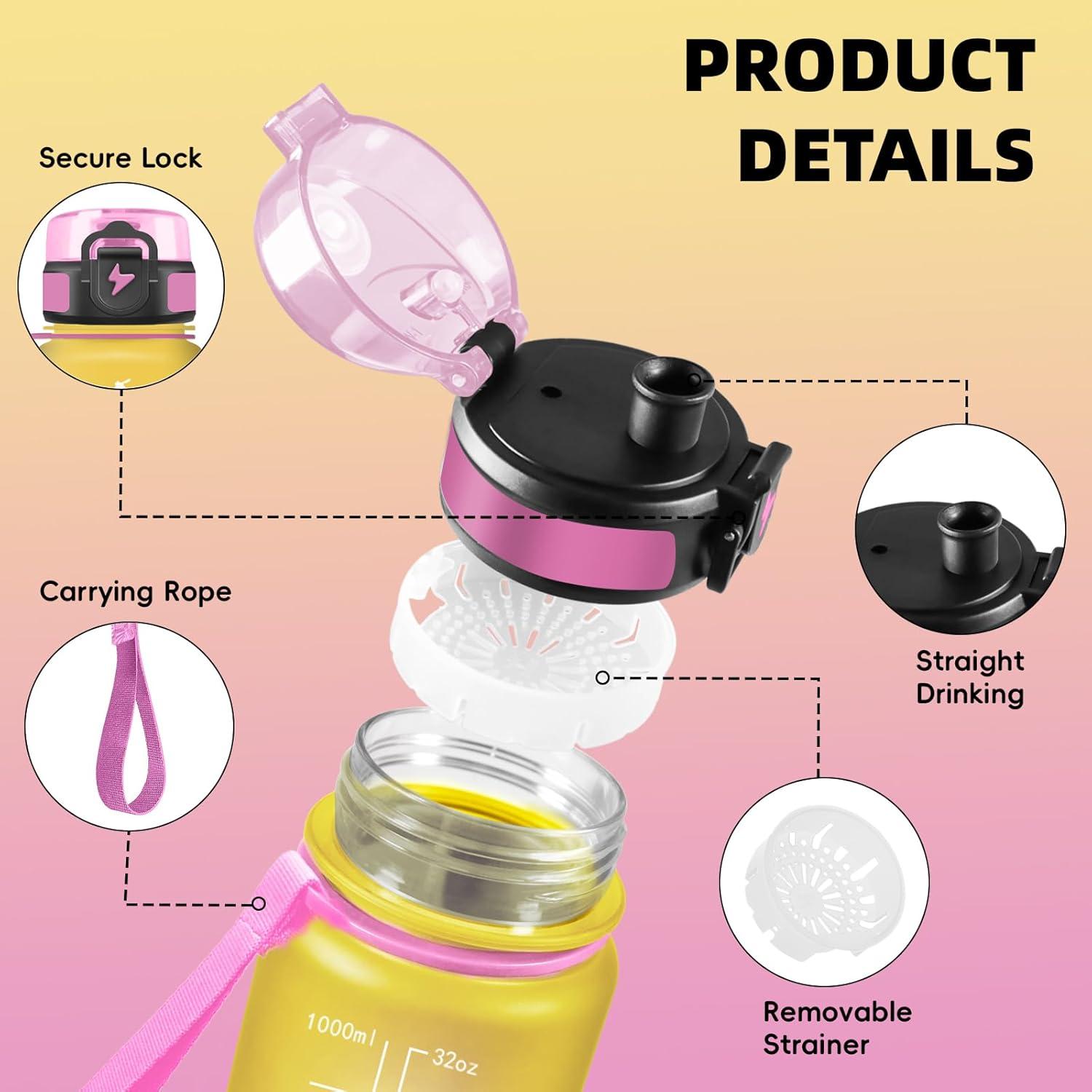 imageGrsta Gourde 1l Gourde Sport Avec Marqueur de Temps Gourdes Gradue pour 1 Journee avec Filtre Verrou de Scurit Anti Fuite Bouteille Motivationnelle pour Bureau Velo VoyageJaunerose