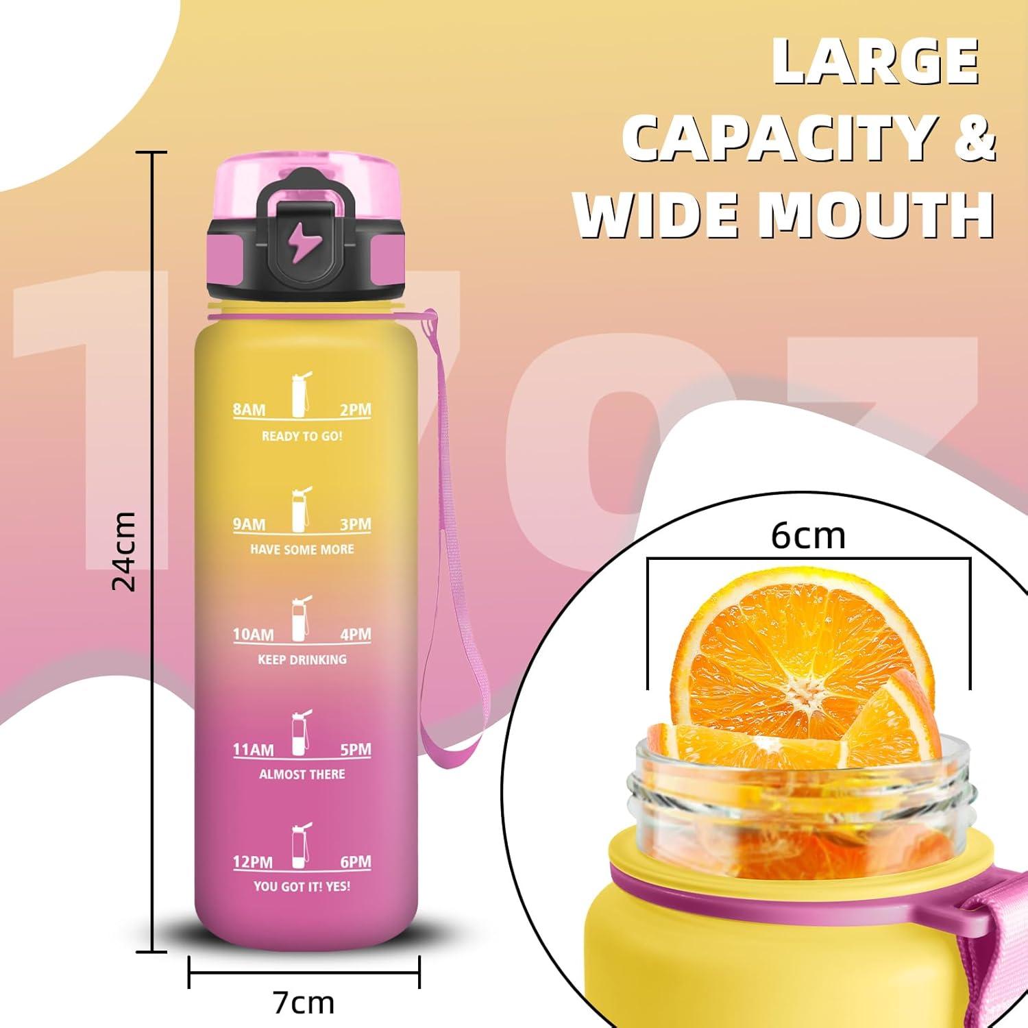 imageGrsta Gourde 1l Gourde Sport Avec Marqueur de Temps Gourdes Gradue pour 1 Journee avec Filtre Verrou de Scurit Anti Fuite Bouteille Motivationnelle pour Bureau Velo VoyageJaunerose