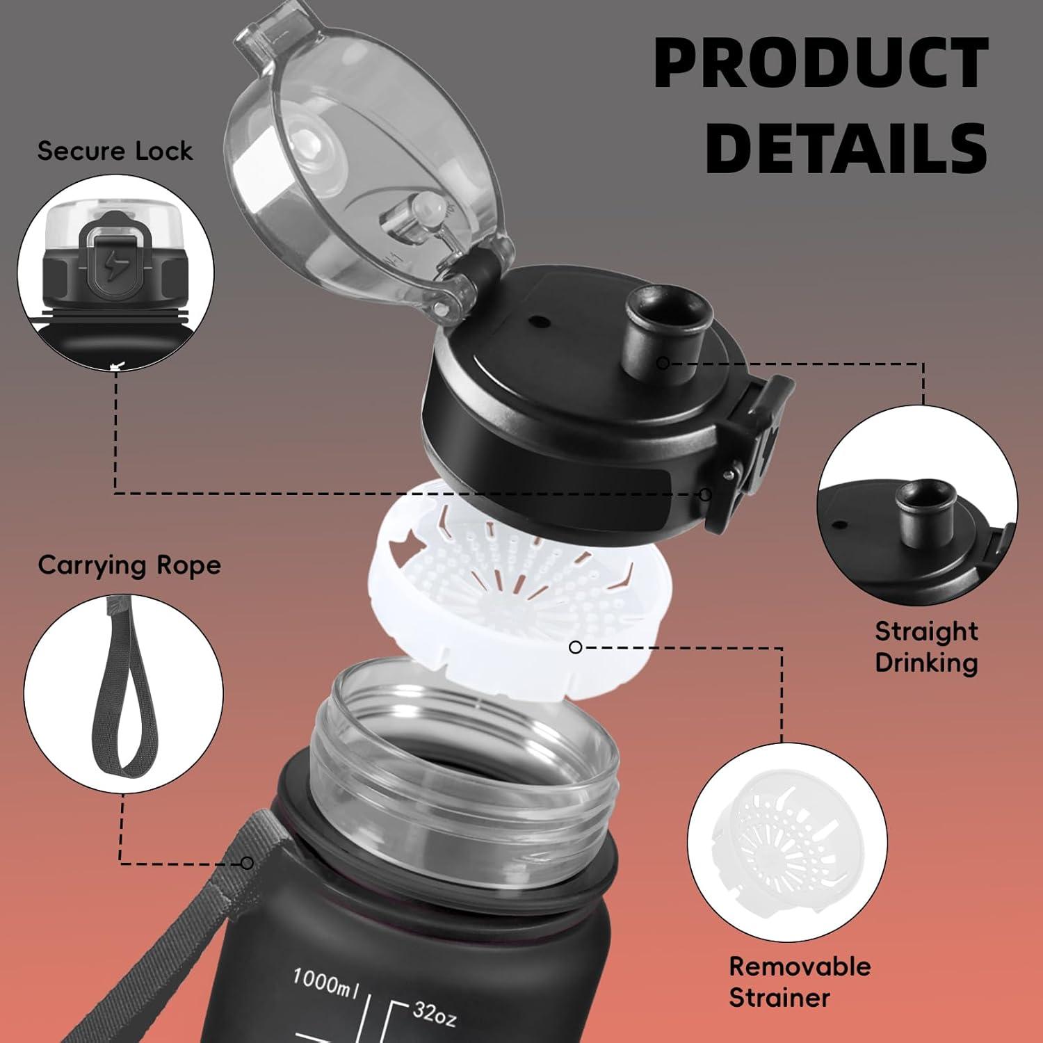 imageGrsta Gourde 1l Gourde Sport Avec Marqueur de Temps Gourdes Gradue pour 1 Journee avec Filtre Verrou de Scurit Anti Fuite Bouteille Motivationnelle pour Bureau Velo VoyageNoirrouge