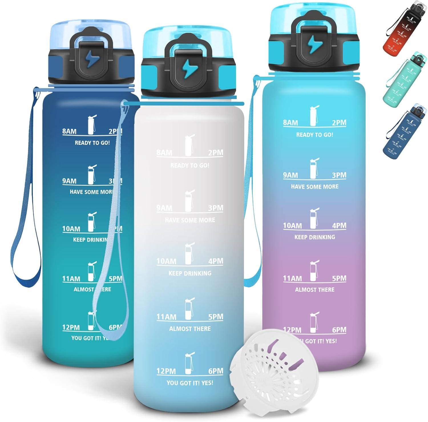 imageGrsta Gourde 1l Gourde Sport Avec Marqueur de Temps Gourdes Gradue pour 1 Journee avec Filtre Verrou de Scurit Anti Fuite Bouteille Motivationnelle pour Bureau Velo VoyageBlancbleu