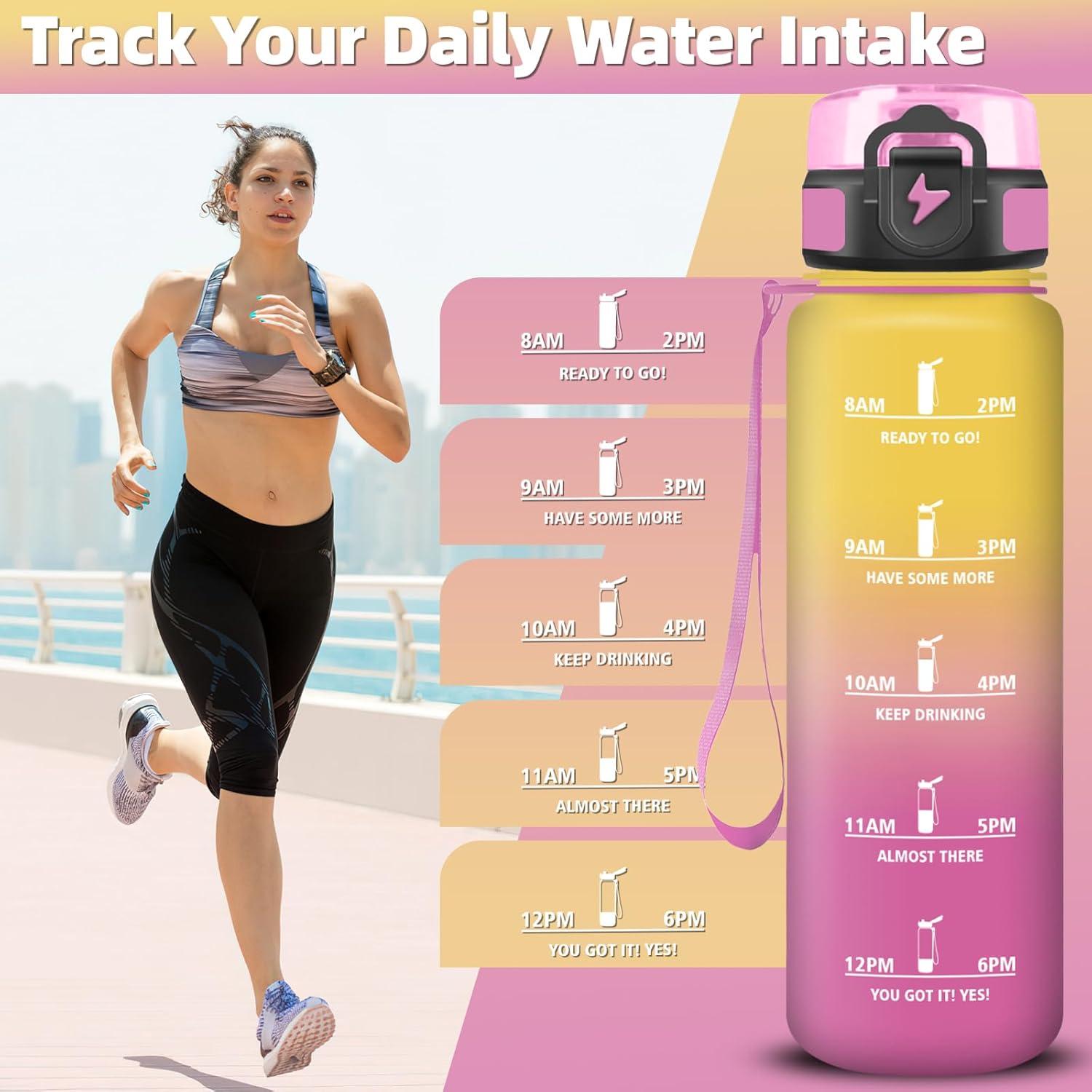 imageGrsta Gourde 1l Gourde Sport Avec Marqueur de Temps Gourdes Gradue pour 1 Journee avec Filtre Verrou de Scurit Anti Fuite Bouteille Motivationnelle pour Bureau Velo VoyageJaunerose