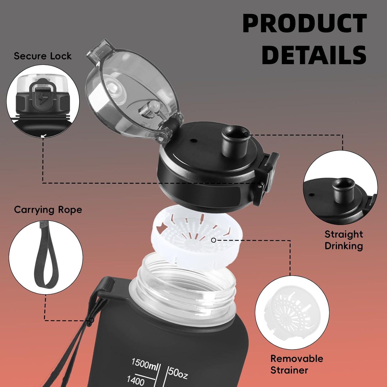 imageGrsta Gourde 1l Gourde Sport Avec Marqueur de Temps Gourdes Gradue pour 1 Journee avec Filtre Verrou de Scurit Anti Fuite Bouteille Motivationnelle pour Bureau Velo VoyageNoirrouge