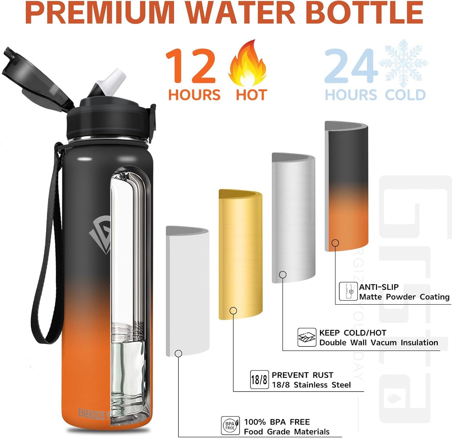 imageGrsta gourde Isotherme 1L Paille sans BPA Bouteille sous Vide Double Paroi AntiFuite Mtal Sport Camping GymBlackred