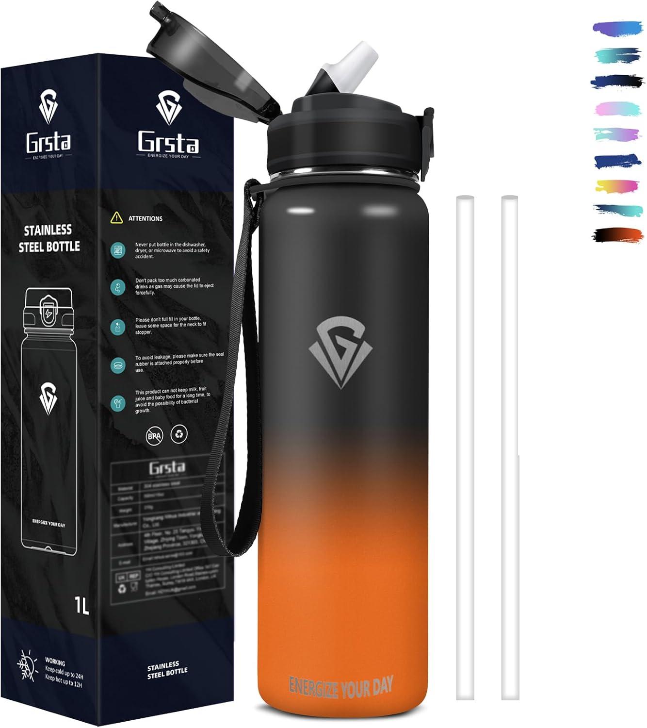 imageGrsta gourde Isotherme 1L Paille sans BPA Bouteille sous Vide Double Paroi AntiFuite Mtal Sport Camping GymBlackred