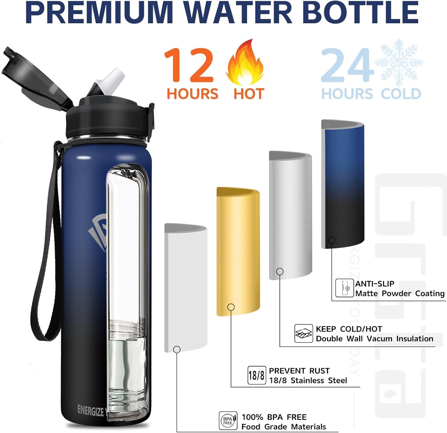 imageGrsta gourde Isotherme 1L Paille sans BPA Bouteille sous Vide Double Paroi AntiFuite Mtal Sport Camping GymBlueblack